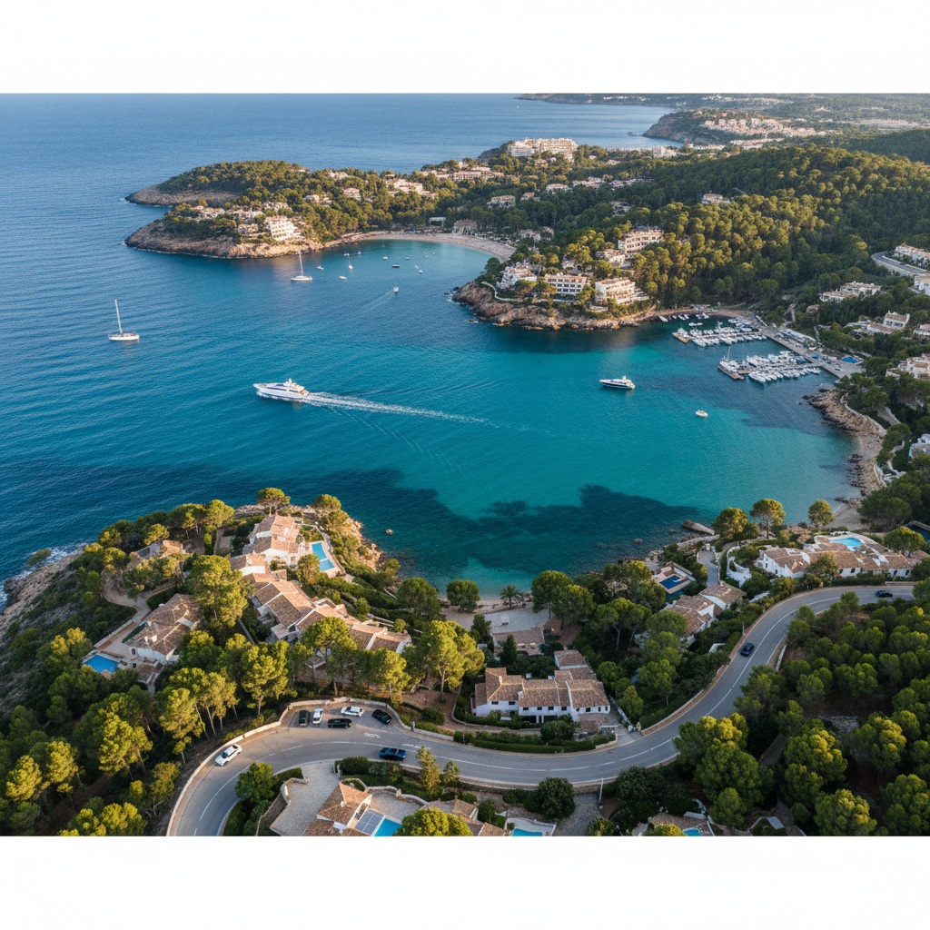 Panoramic aerial view of the coastline near Santa Ponsa, Mallorca, with turquoise water and luxury villas.