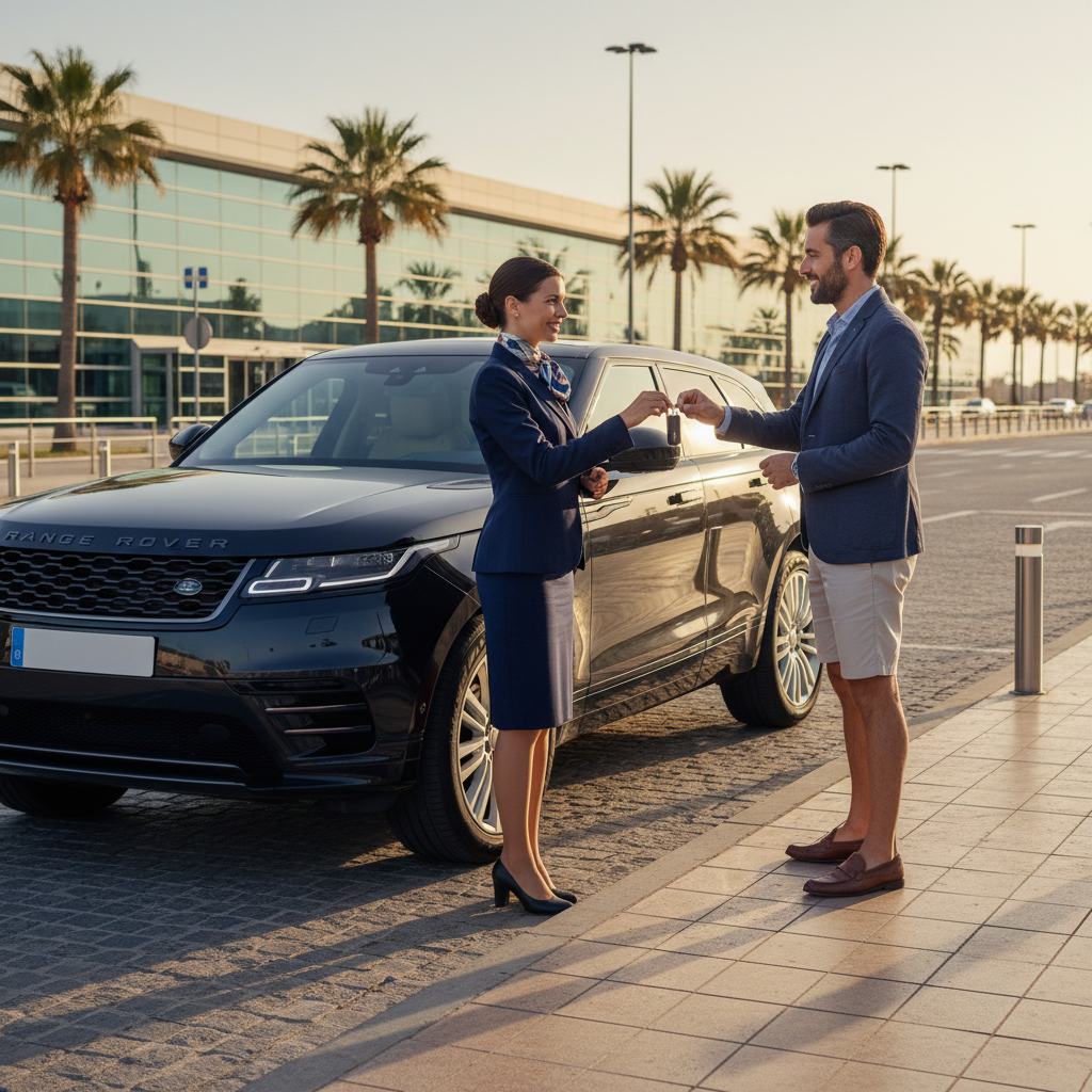 Un vehículo premium de Azul Cars esperando en la terminal de llegadas del Aeropuerto de Palma de Mallorca.