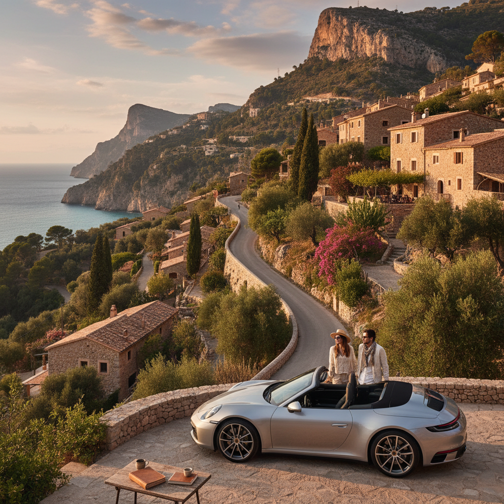 Coche de lujo aparcado frente a un paisaje pintoresco de Deià, Mallorca, con casas de piedra y montañas al fondo.