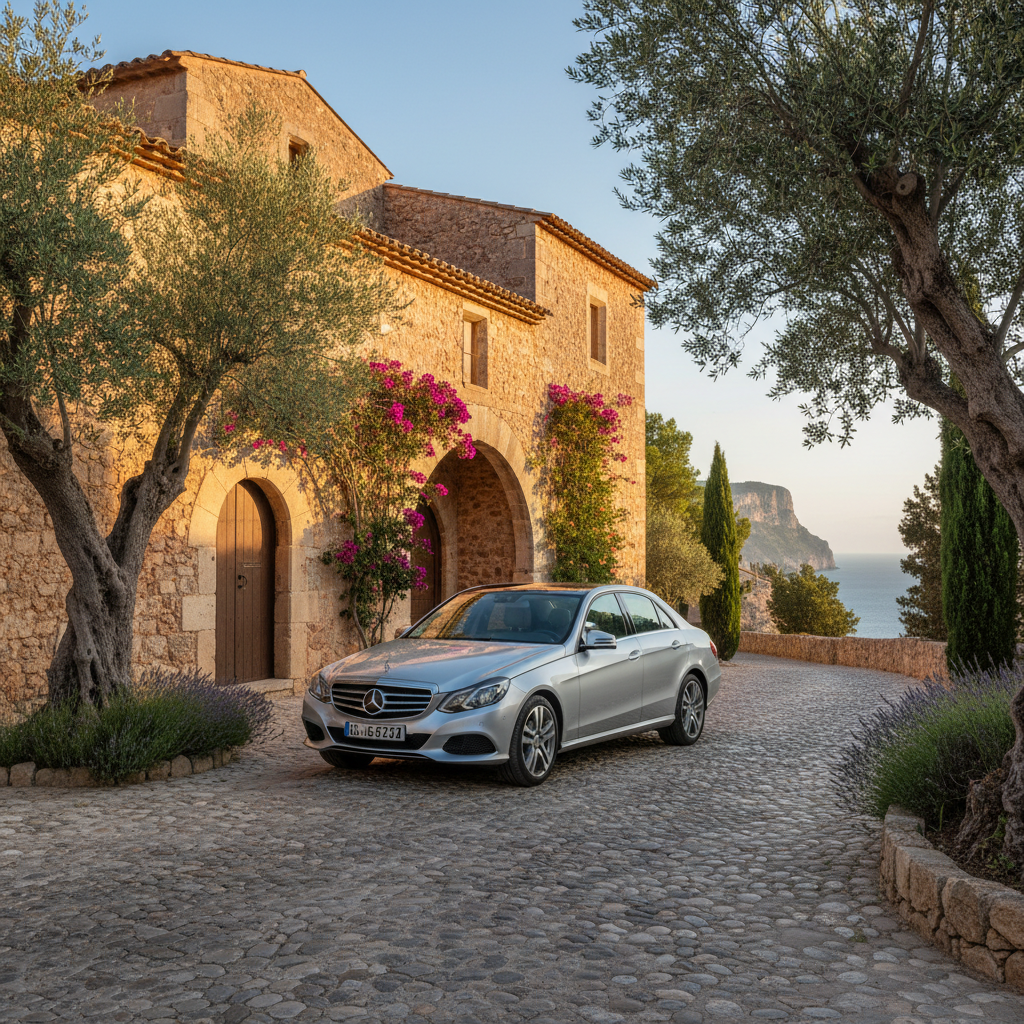 En flotta av nya Mercedes-Benz-bilar inklusive en G-Wagon och E-klass Cabriolet parkerade framför en lyxvilla på Mallorca.