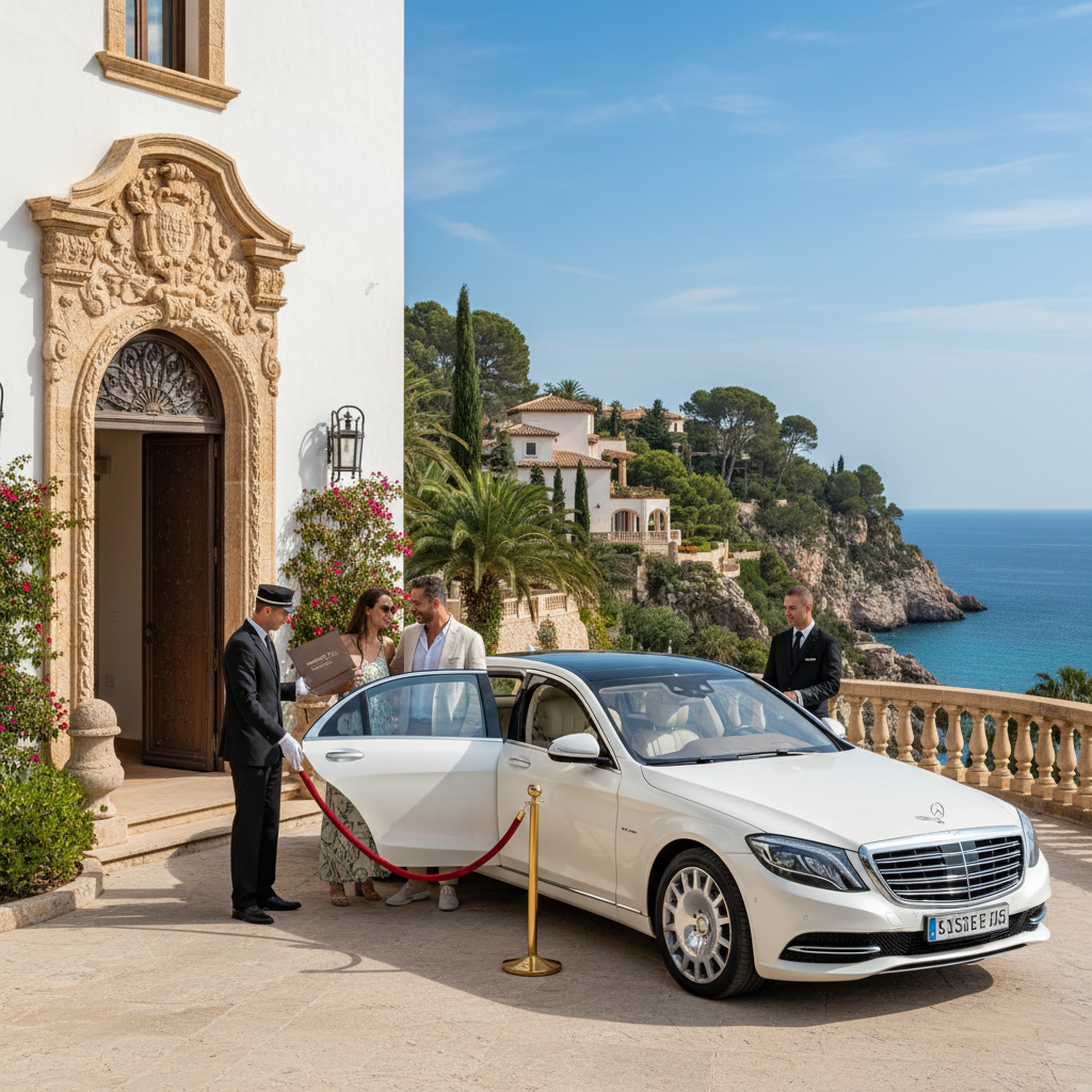 A pristine Mercedes-Benz GLC from Azul Cars waiting in front of a luxury villa in Mallorca.