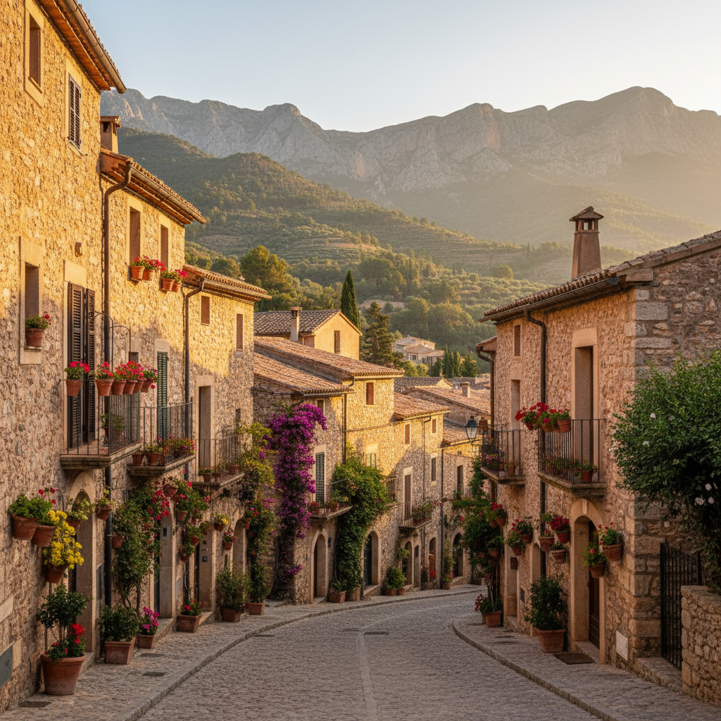 Scenic view of Valldemossa village in the Tramuntana mountains, Mallorca